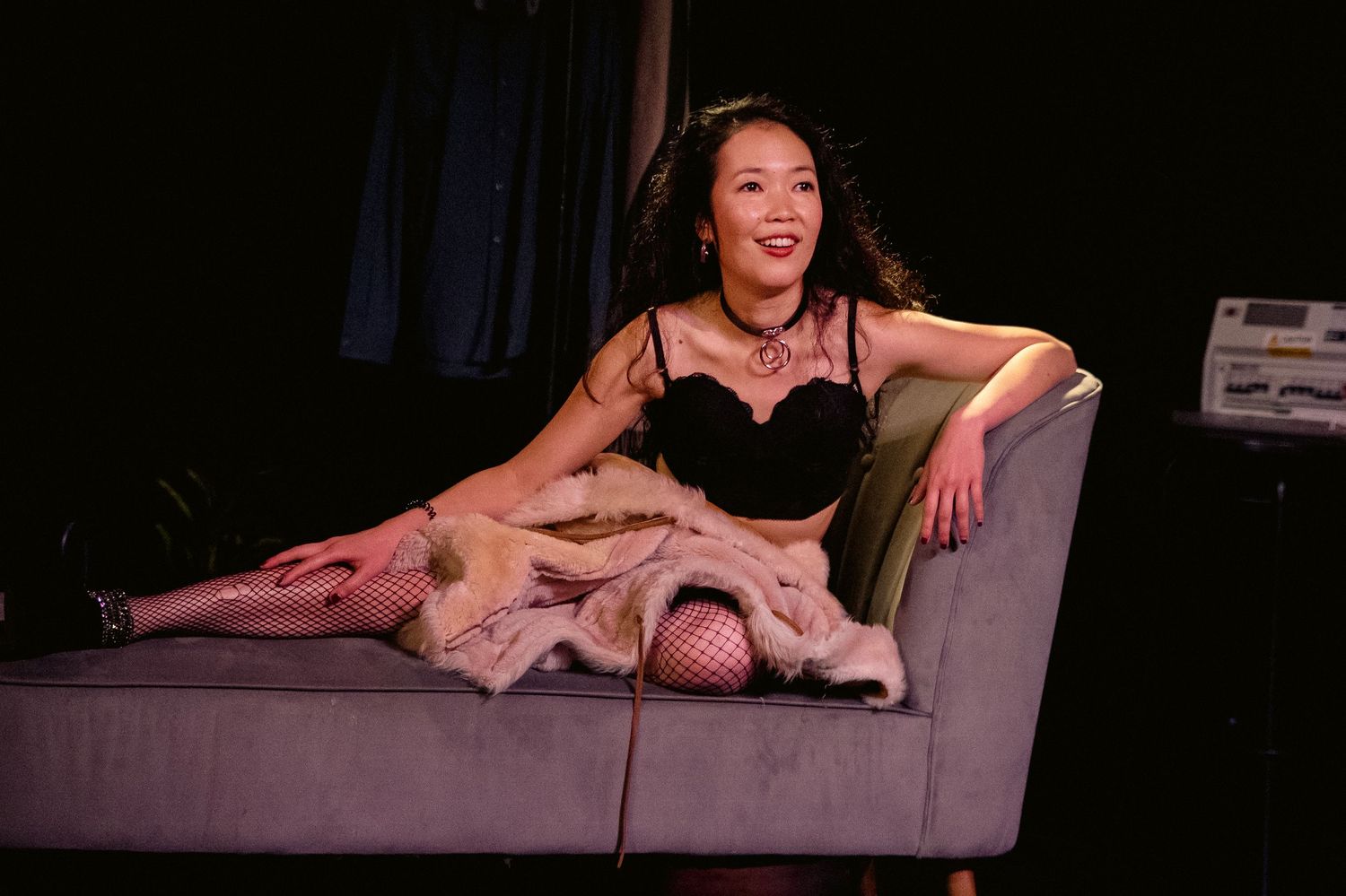 Production still from Venus in Fur by David Ives, starring Jennifer Leong & Flinn Andreae at Camden Peoeples Theatre London