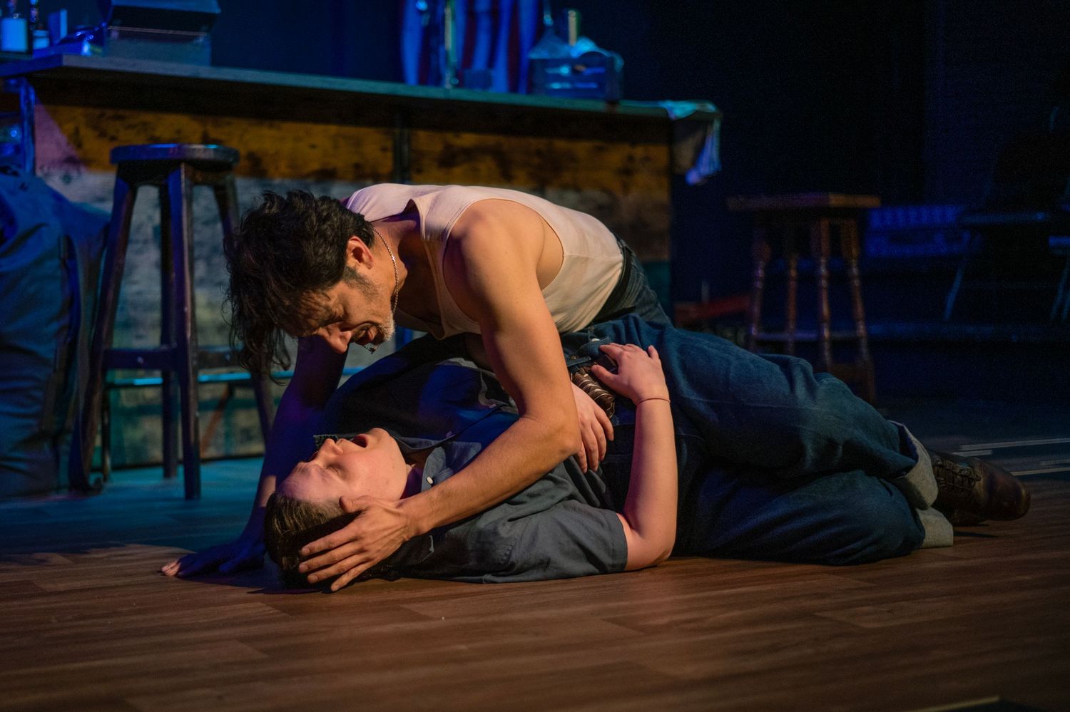 Production still The Seahorse by Edward J Moore, Golden Goose theatre London.  Starring Jay Rincon, Rachel Bellis, directed by Mandi Riggi.
