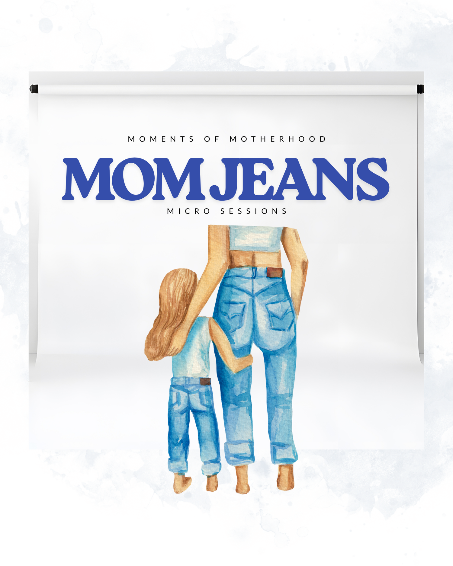 Watercolor illustration of matching mom and child denim jeans with 'Mom Jeans' text in blue lettering.