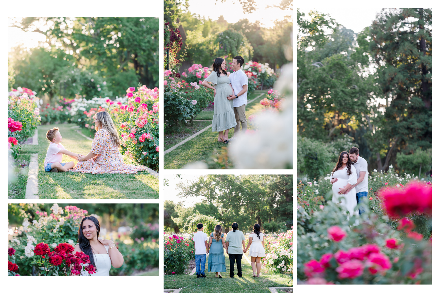 Family members gather in a lush garden setting with blooming pink flowers during a golden hour photo session.
