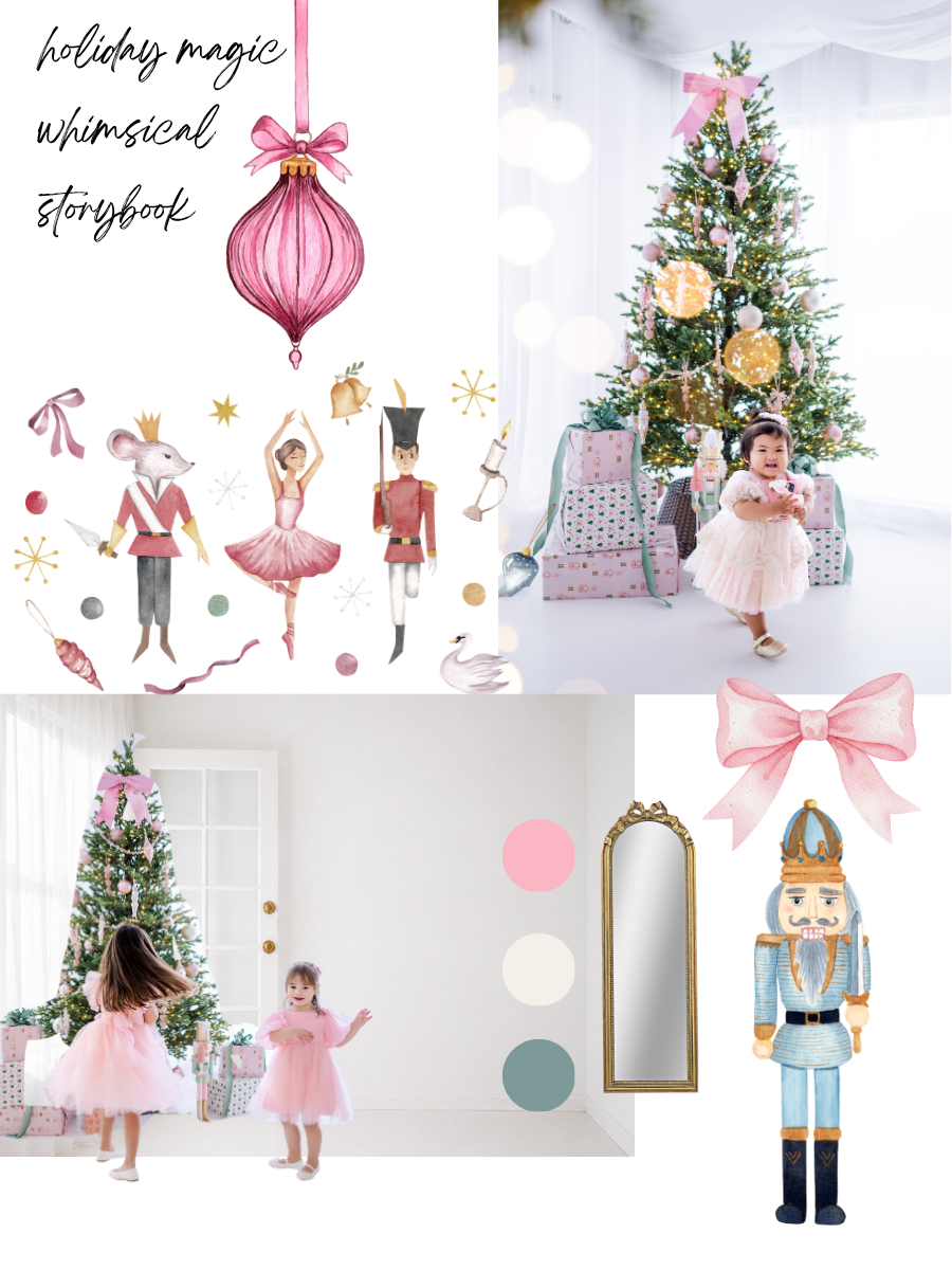 Holiday magic mood board with nutcracker ballet theme, pink tutu girls, Christmas trees, and whimsical storybook decorations.