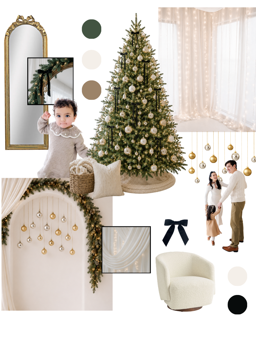 Elegant Christmas mood board featuring a decorated tree, garland, gold ornaments, neutral tones, and a cozy family holiday setting.