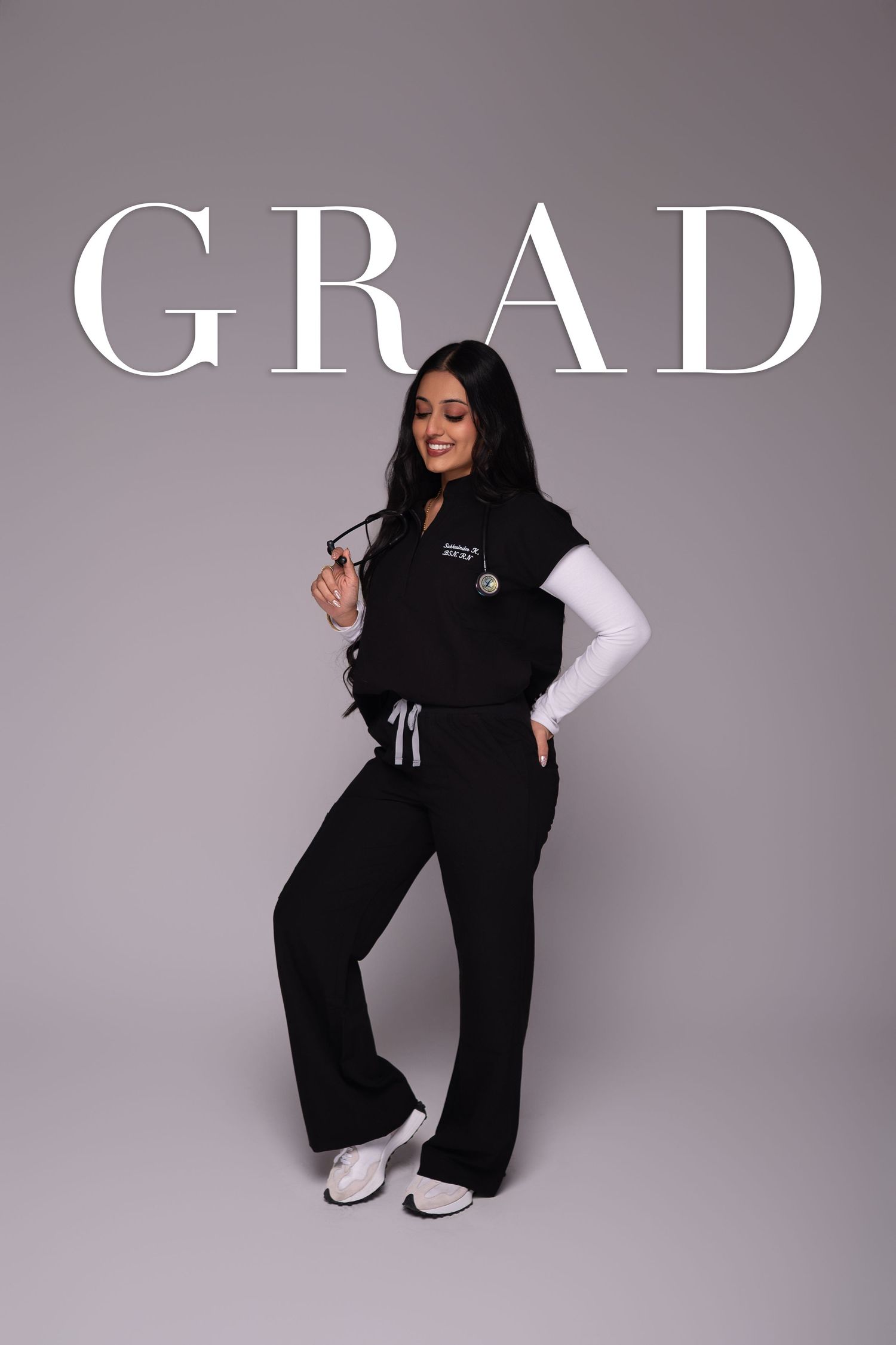 A person wearing a black vest and white long sleeve shirt poses playfully in a series of photos against a gray backdrop.