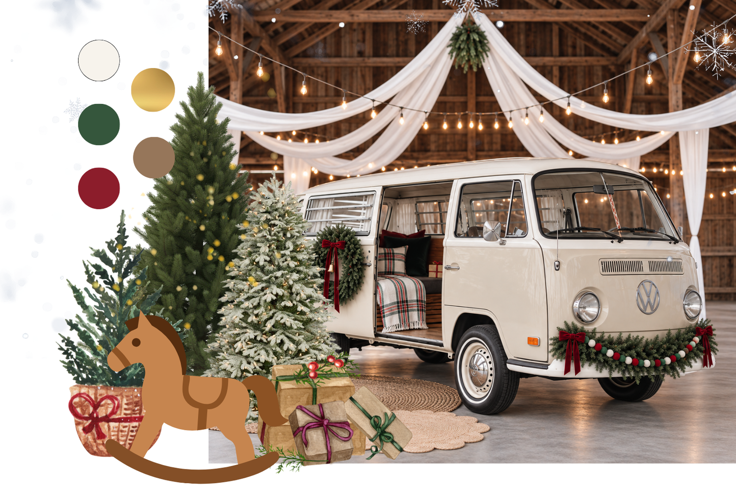 Vintage VW bus in a barn decorated for Christmas with trees, wreaths, lights, and gifts on a rustic wooden floor. Sacramento Mini Session