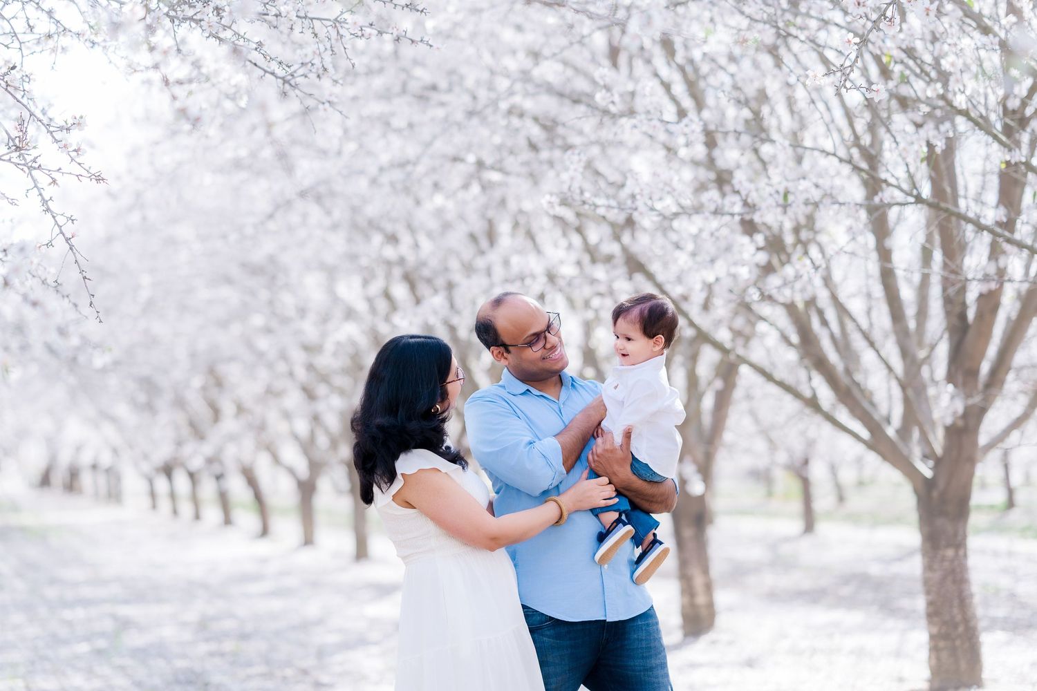 A couple embraces in a romantic winter scene surrounded by snow-covered almond trees in an orchard.