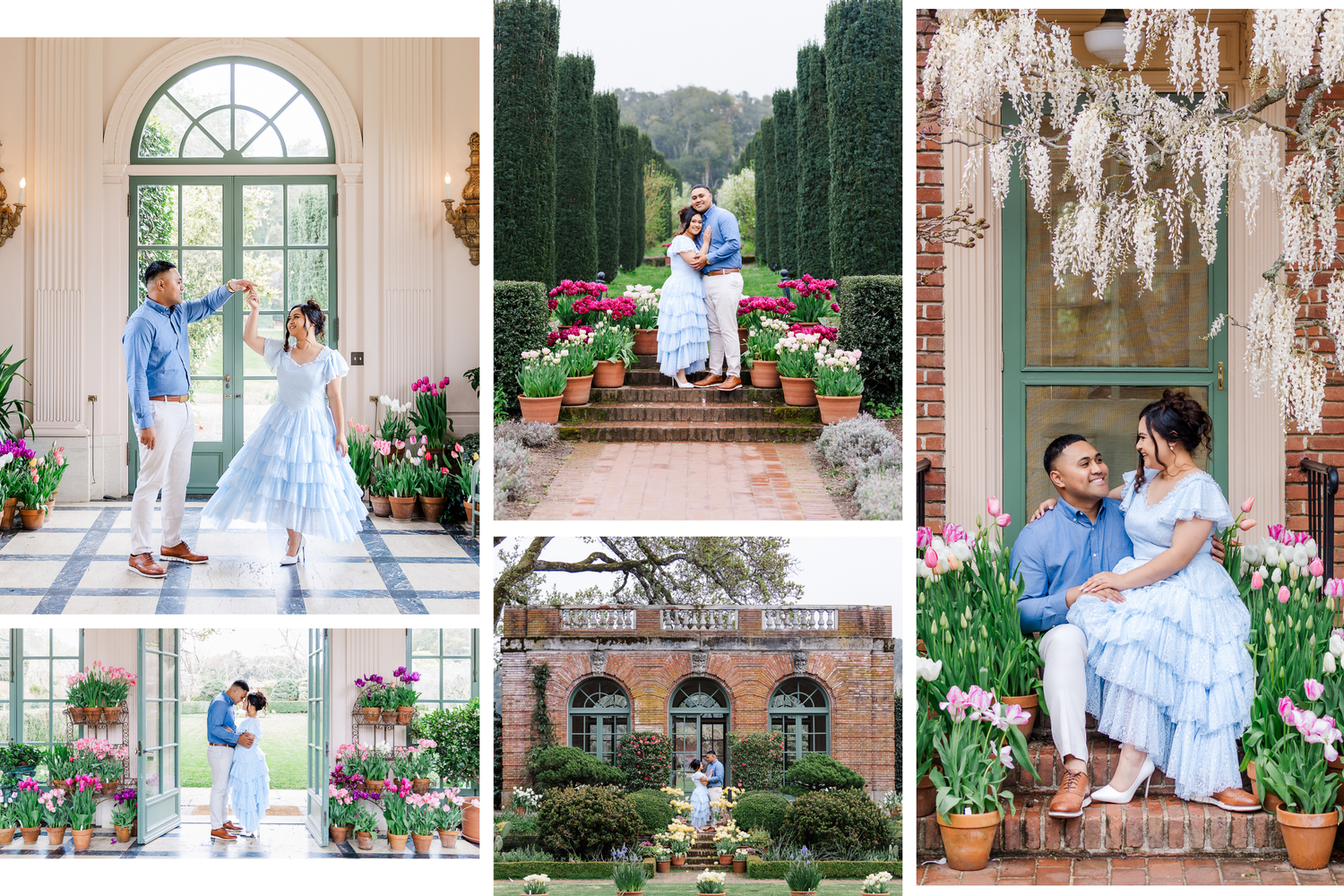 Elegant wedding photos showcase romantic moments in various scenic locations with ornate architecture and lush gardens.