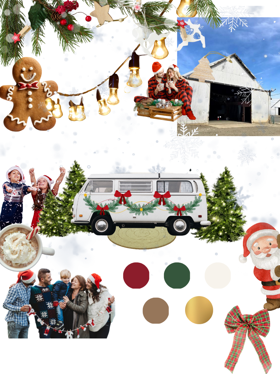 Christmas mood board with gingerbread man, decorated VW van, Santa, festive family, barn, and holiday color palette.