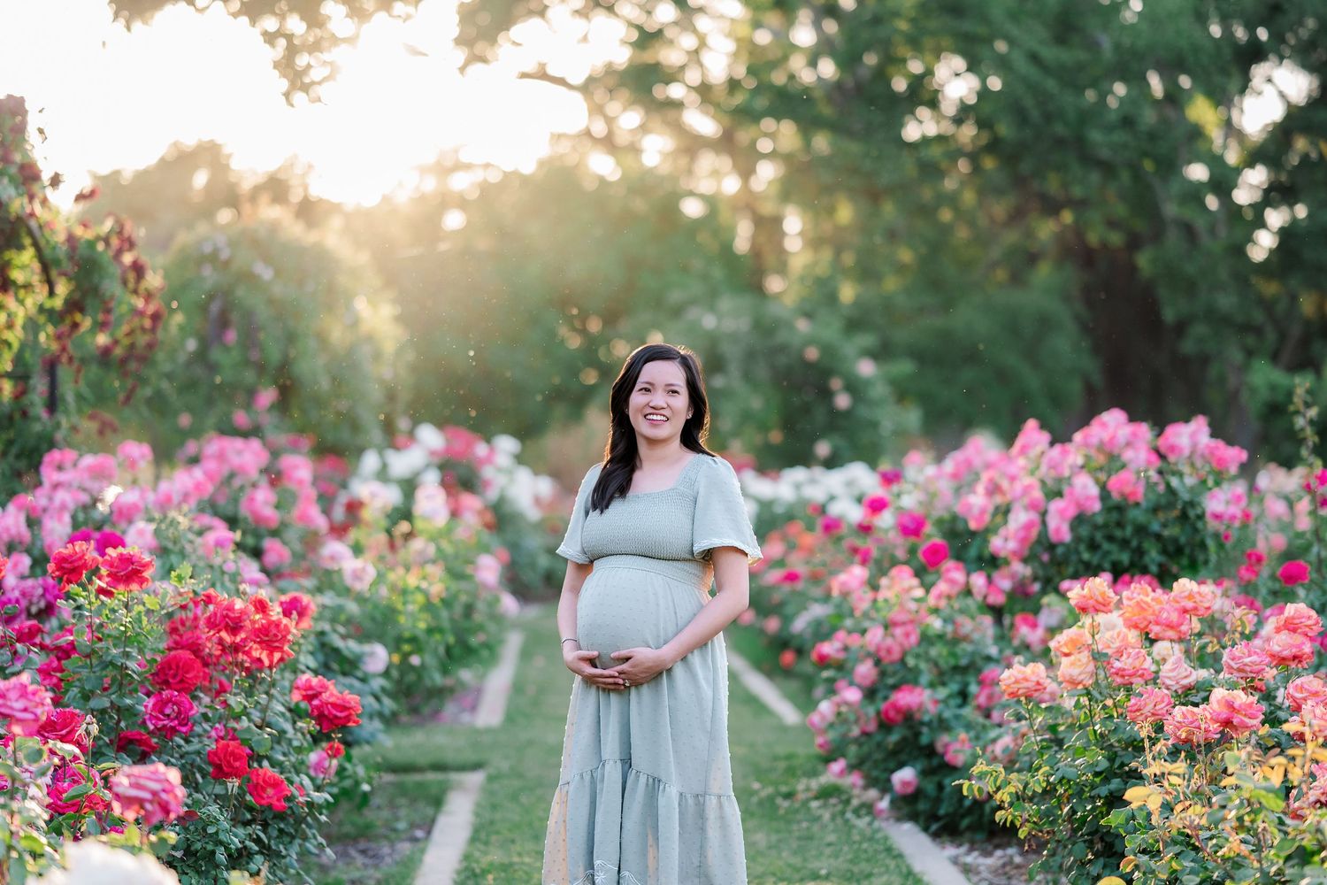 A sun-drenched pathway through a garden filled with vibrant pink roses and blooming flowers at golden hour.