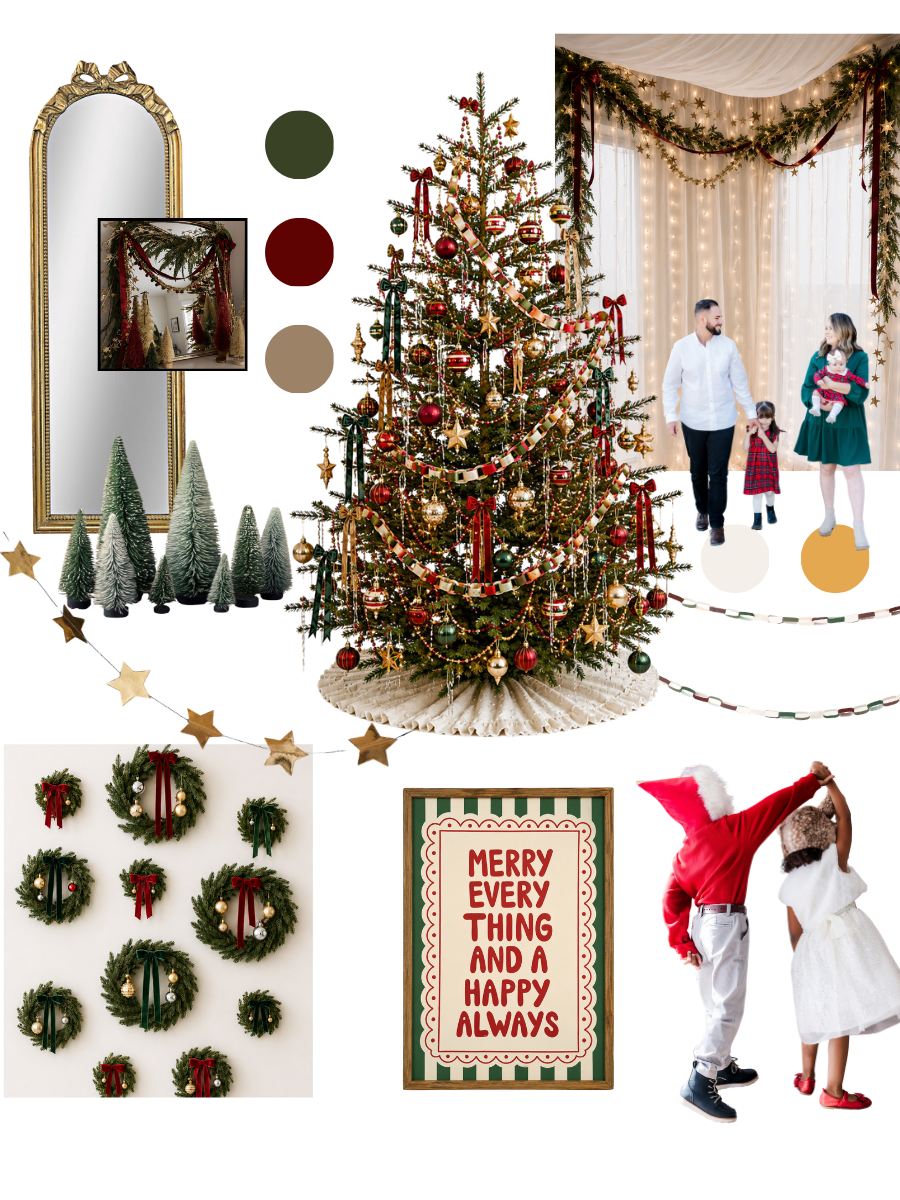A festive Christmas mood board featuring a decorated tree, wreaths, family photo, color swatches, and holiday decor in red and green.