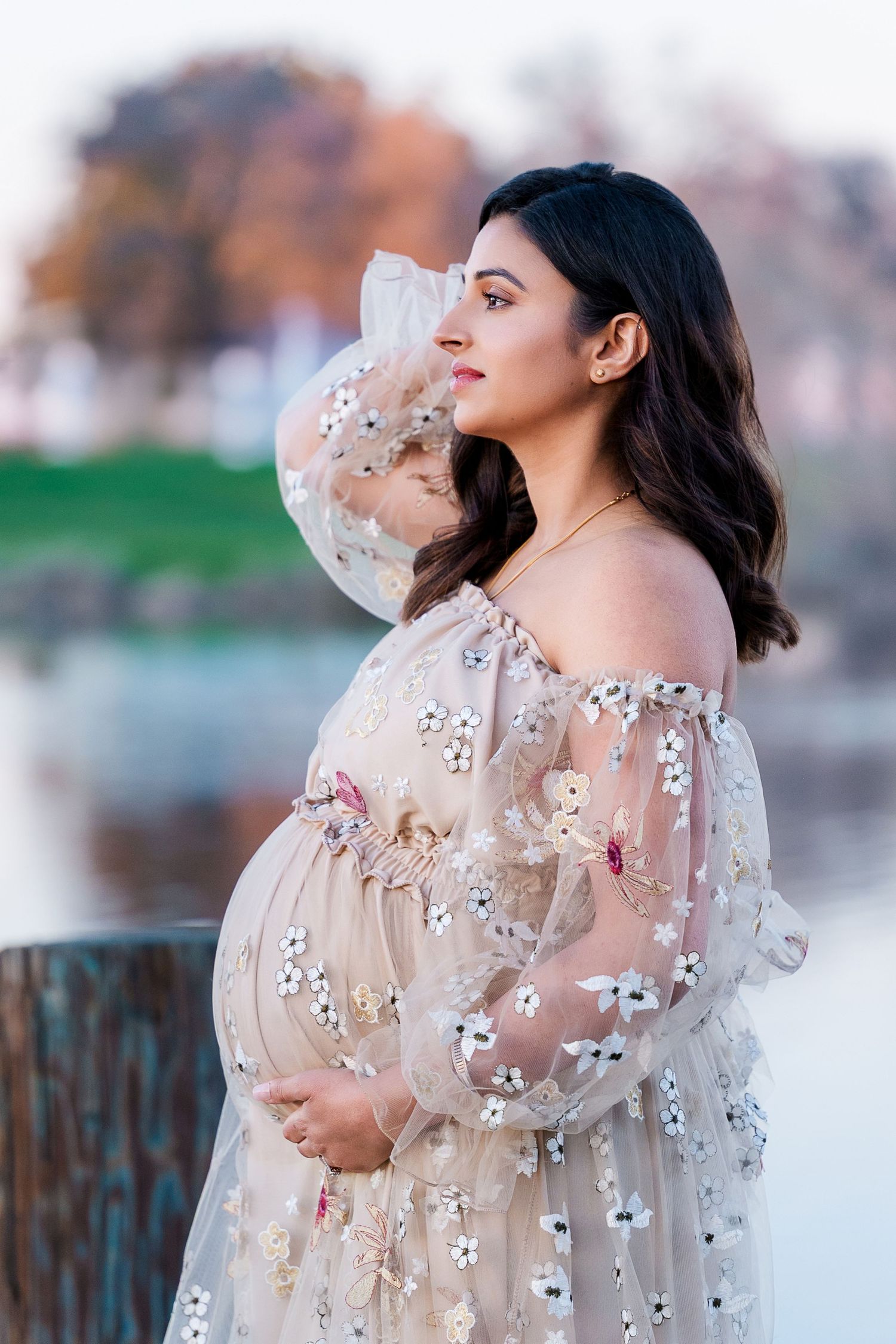 Dreamy maternity portrait featuring a sheer embellished dress with delicate floral details.