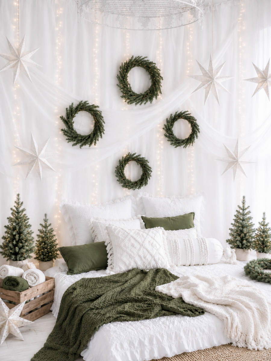 Cozy Christmas bedroom with green wreaths, white star decorations, fairy lights, mini pine trees, and green throw blanket.