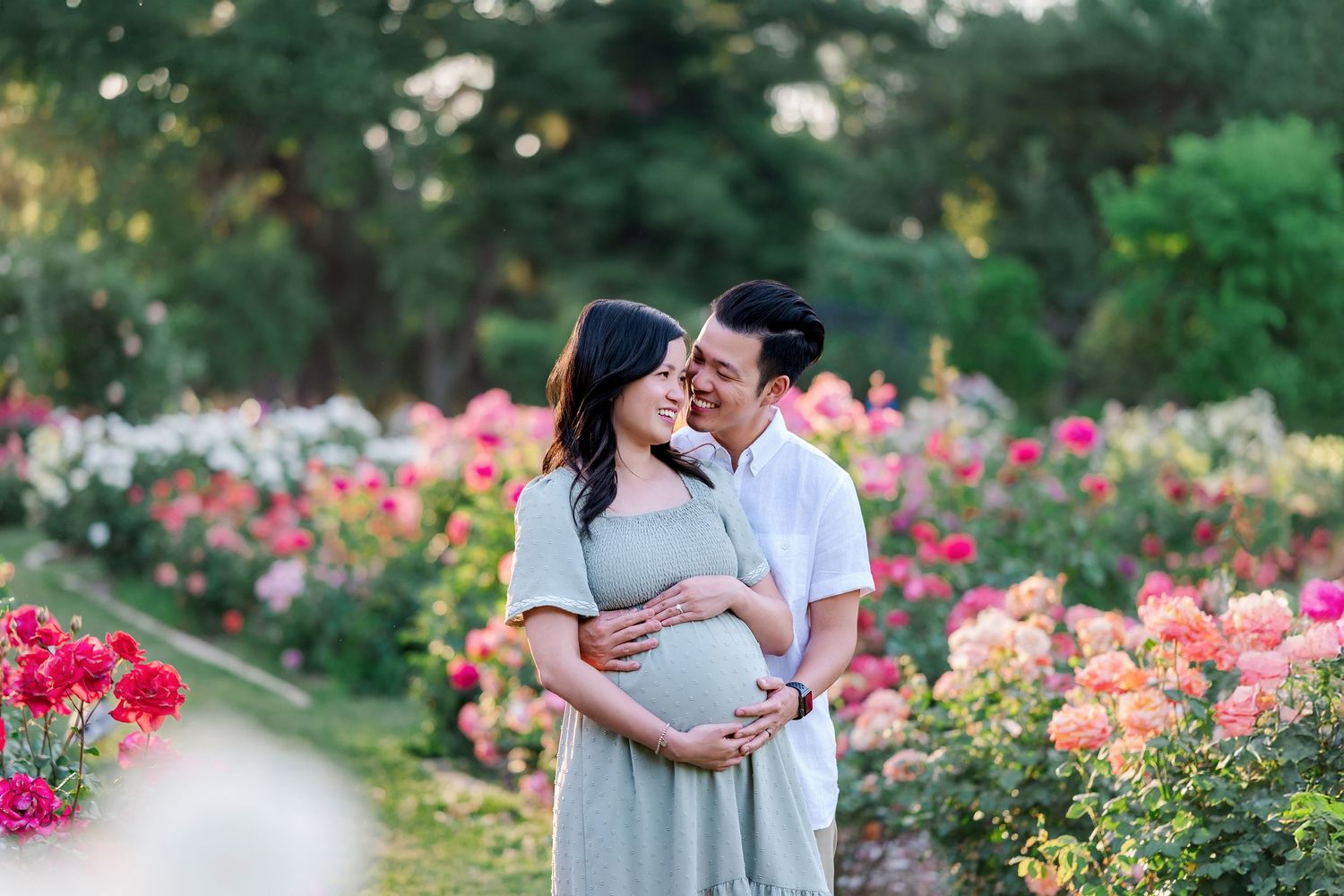 Expectant couple shares tender moment surrounded by blooming rose garden path at sunset.