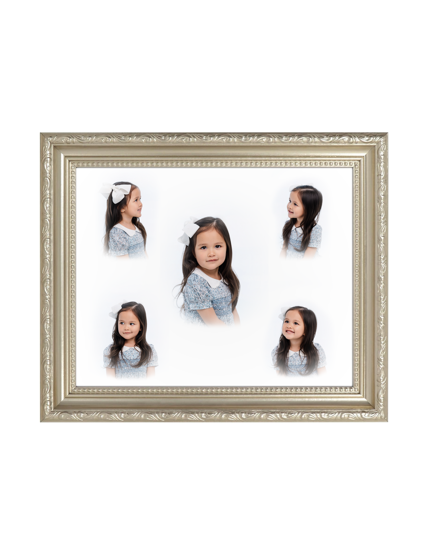A decorative silver frame showcasing a collage of five portraits of a young girl in a blue dress with a white bow.