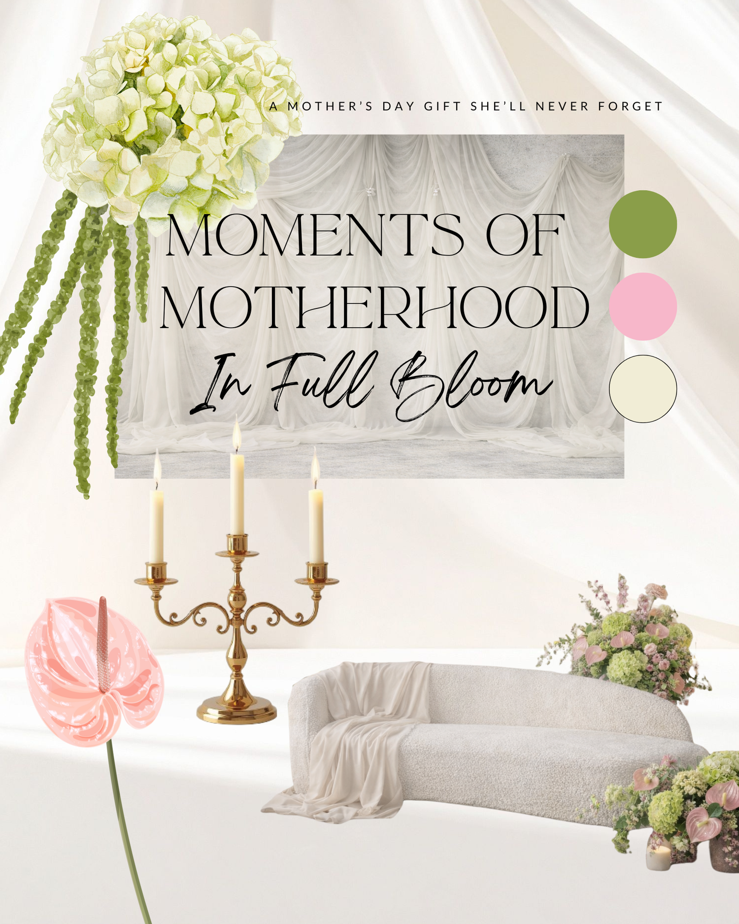 Elegant Mother's Day themed banner design with soft pink and green floral elements and gold candelabra accents.
