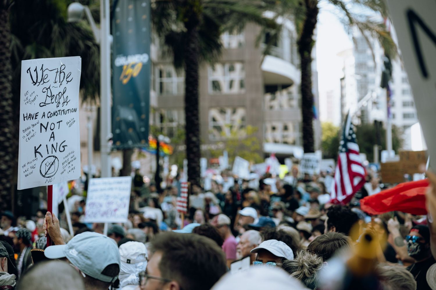 Crowd of protesters gather in an urban area holding signs and American flags during a demonstration.