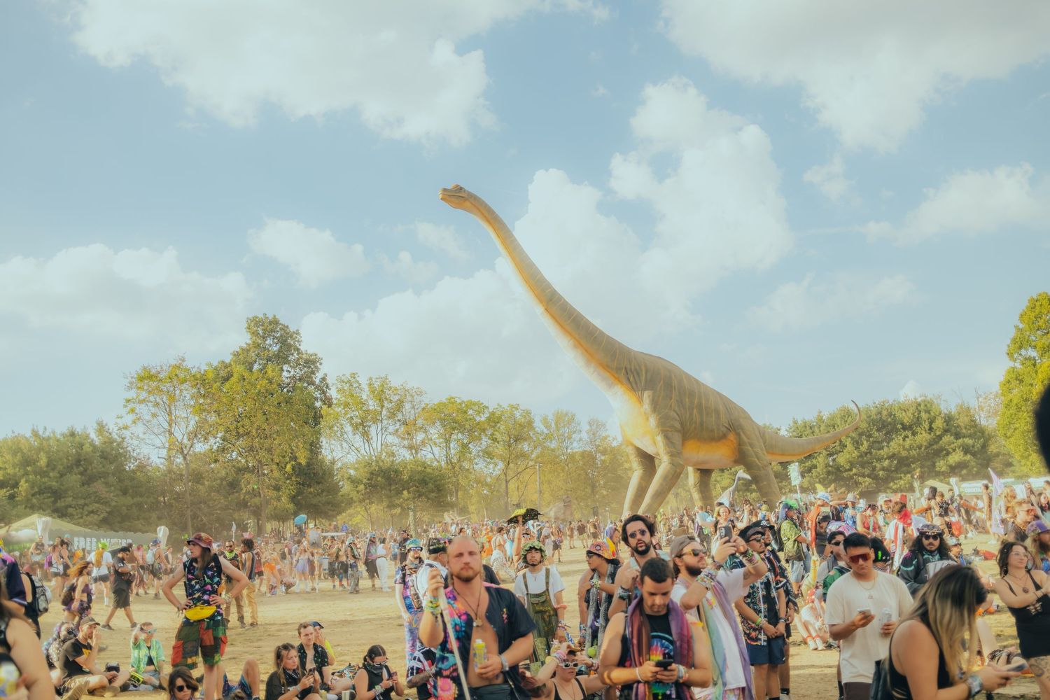 A large crowd of festival attendees dance and celebrate outdoors under a sunny blue sky.