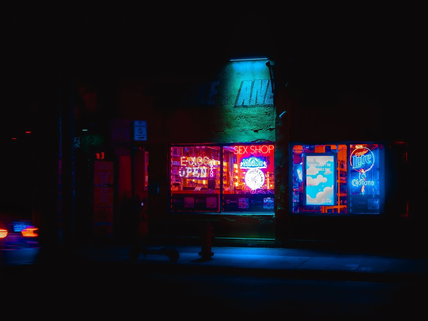 Neon-lit sex shop storefront glowing in the dark night with colorful signs illuminating the urban street.