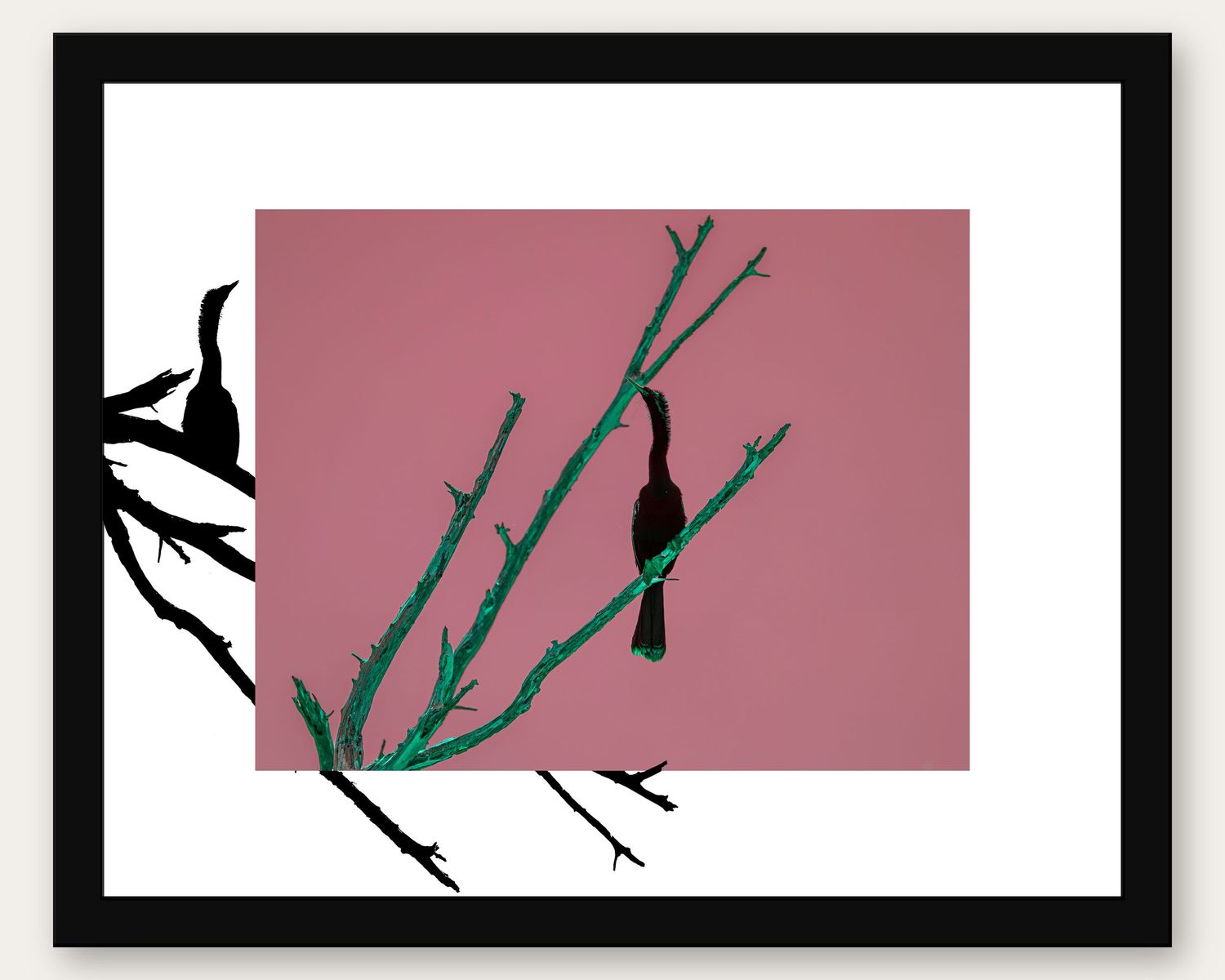 Framed art print of a colorful bird perched on green branches against a muted pink background with black silhouette foliage.
