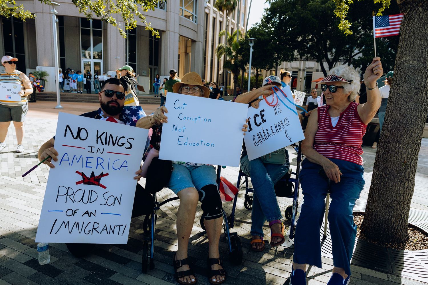 A group of protesters holding signs and demonstrations outside a government building with an American flag visible.