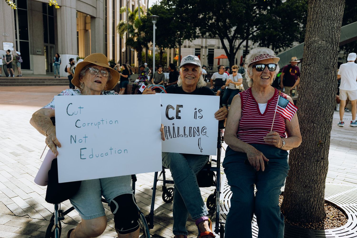 Small group of protesters holding signs displaying messages on a sunny city street with trees.