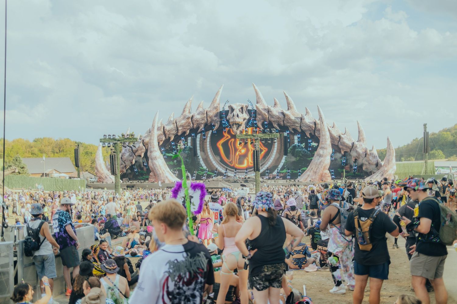 Large crowd of festival attendees dancing and enjoying music at an outdoor concert venue during daytime.