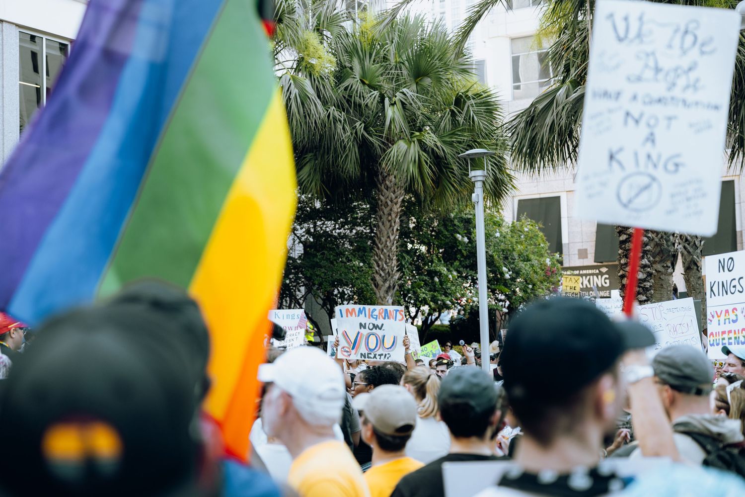 Rainbow pride flag waves among protest crowd with palm trees and protest signs visible.