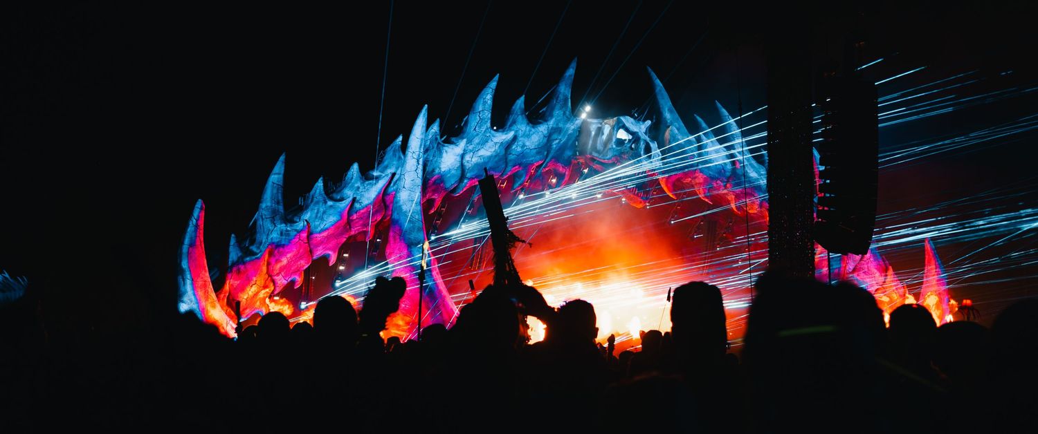 Silhouetted crowd watches colorful wave-like light display with neon pink and blue patterns against dark sky.