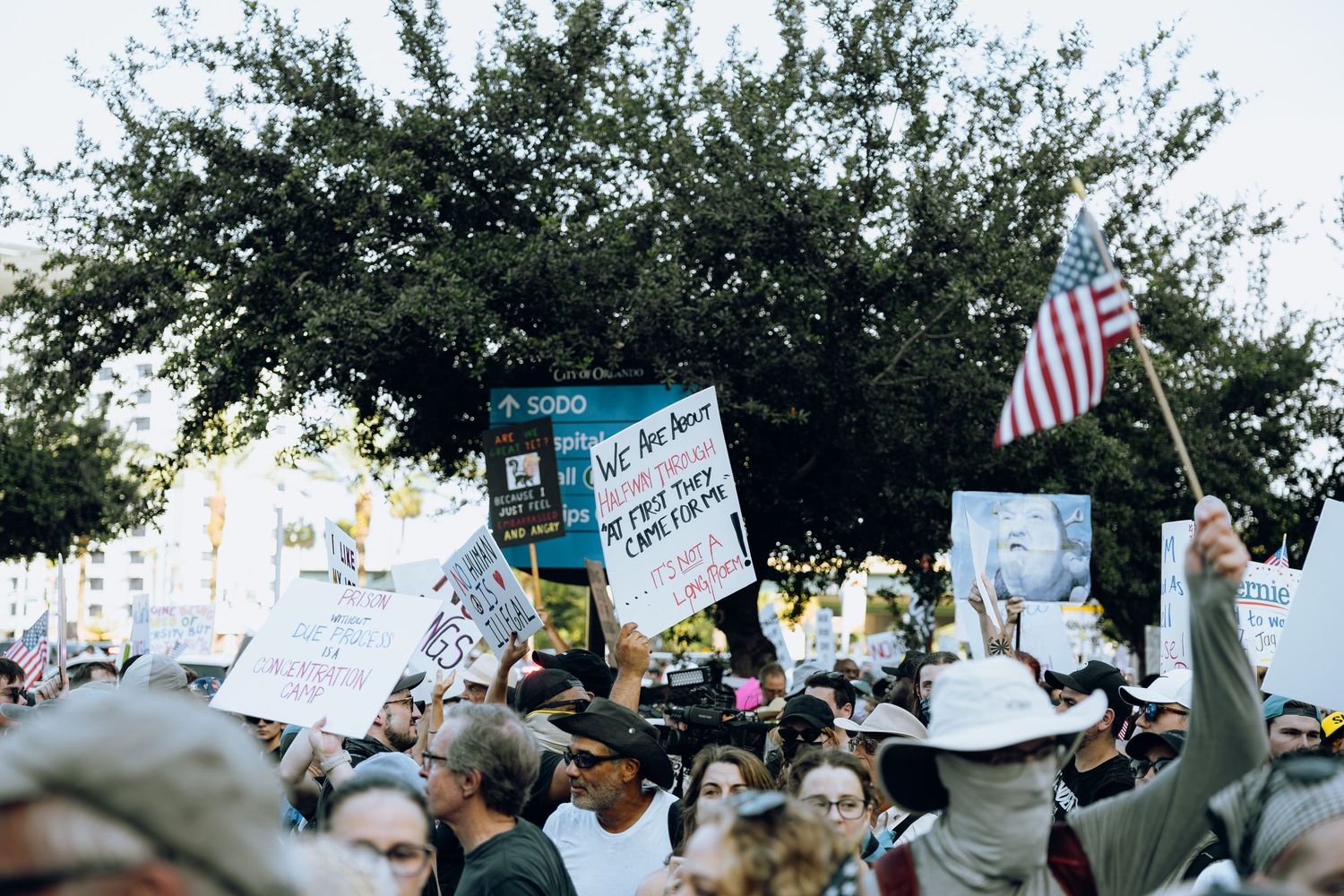 Large crowd gathers at protest with signs and American flags under trees.