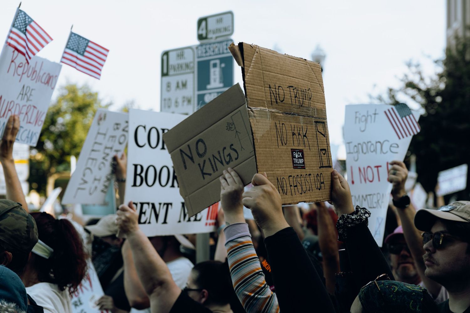 Crowd of protesters holding cardboard signs and American flags at urban demonstration.