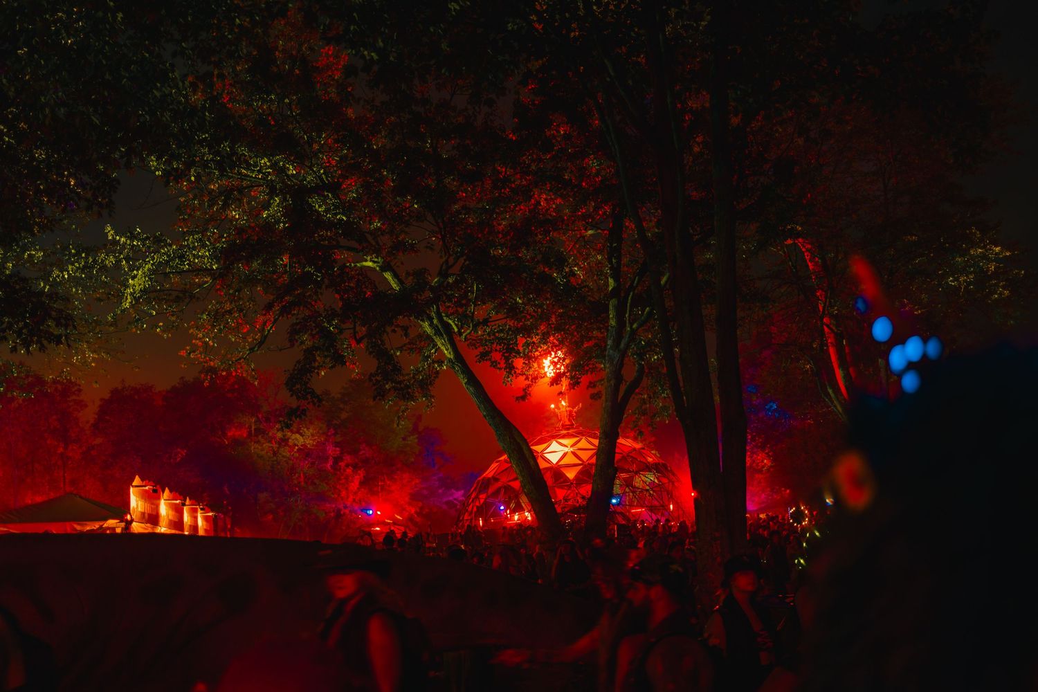 A row of red glowing lights illuminate trees and pathways in a dark outdoor garden setting at night.