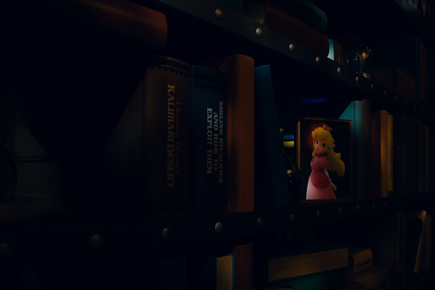 A dark and moody bookshelf illuminated by soft ambient lighting creates a mysterious atmosphere in a library.