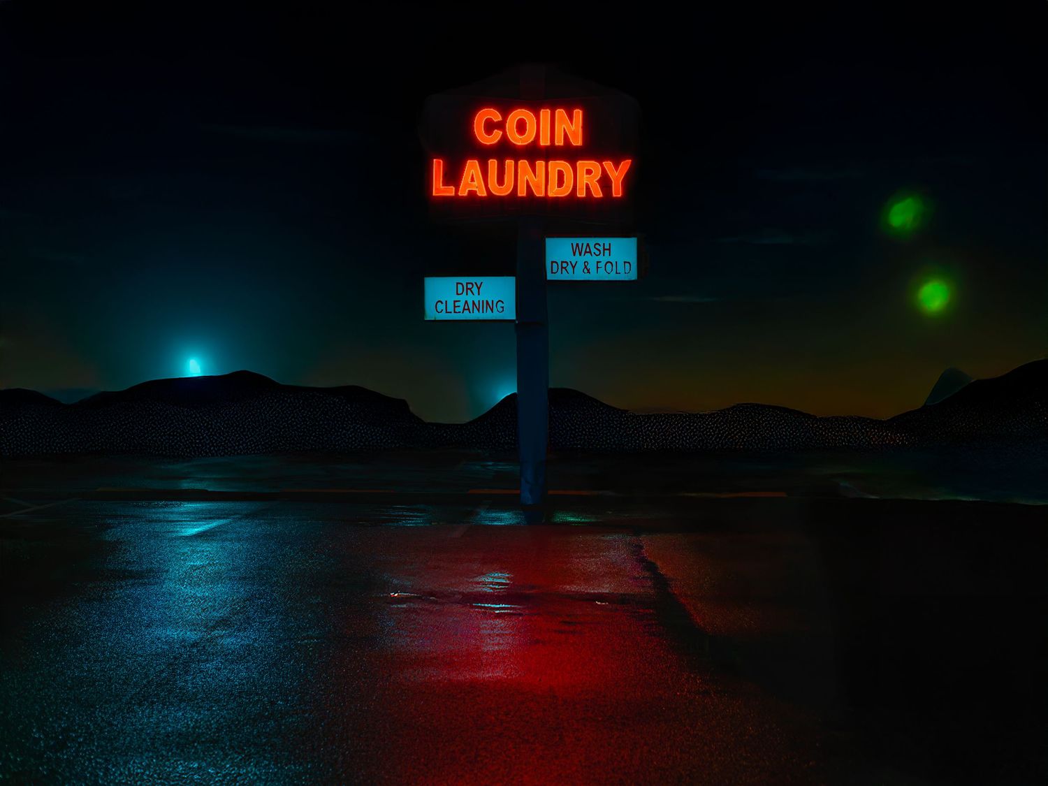 An illuminated red neon coin laundry sign glows against a dark desert landscape with mountains silhouetted in the background.