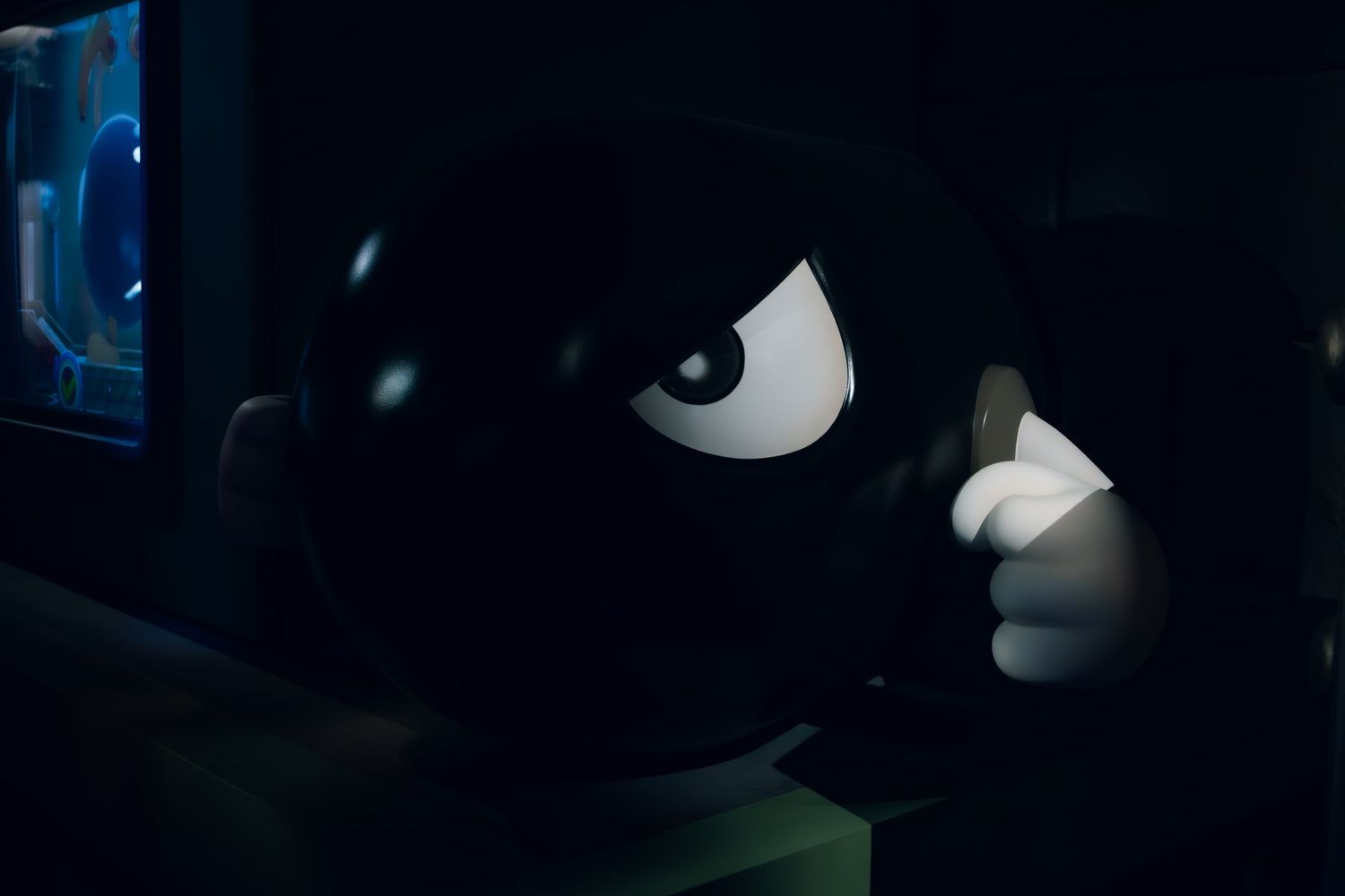 A glowing white eye stands out against a dark mysterious background, creating an eerie atmosphere.