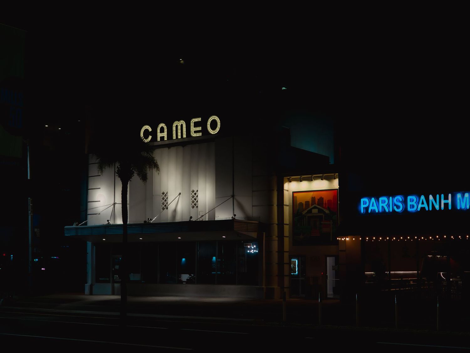 Illuminated Cameo theater and Paris Banh Mi signs glow against the dark night sky on a city street corner.