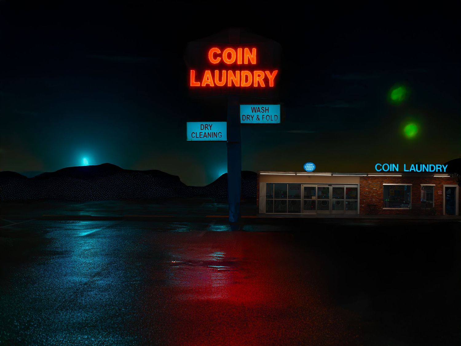 A neon-lit coin laundry sign glows against the dark night sky, casting red and blue reflections on the wet pavement.