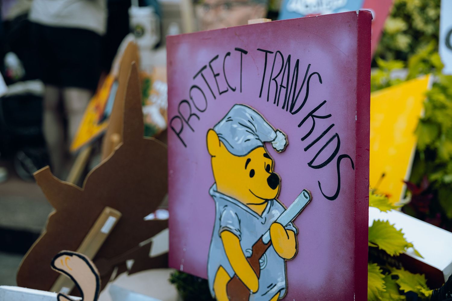 Pink protest signs featuring cartoon character designs displayed at a political demonstration.