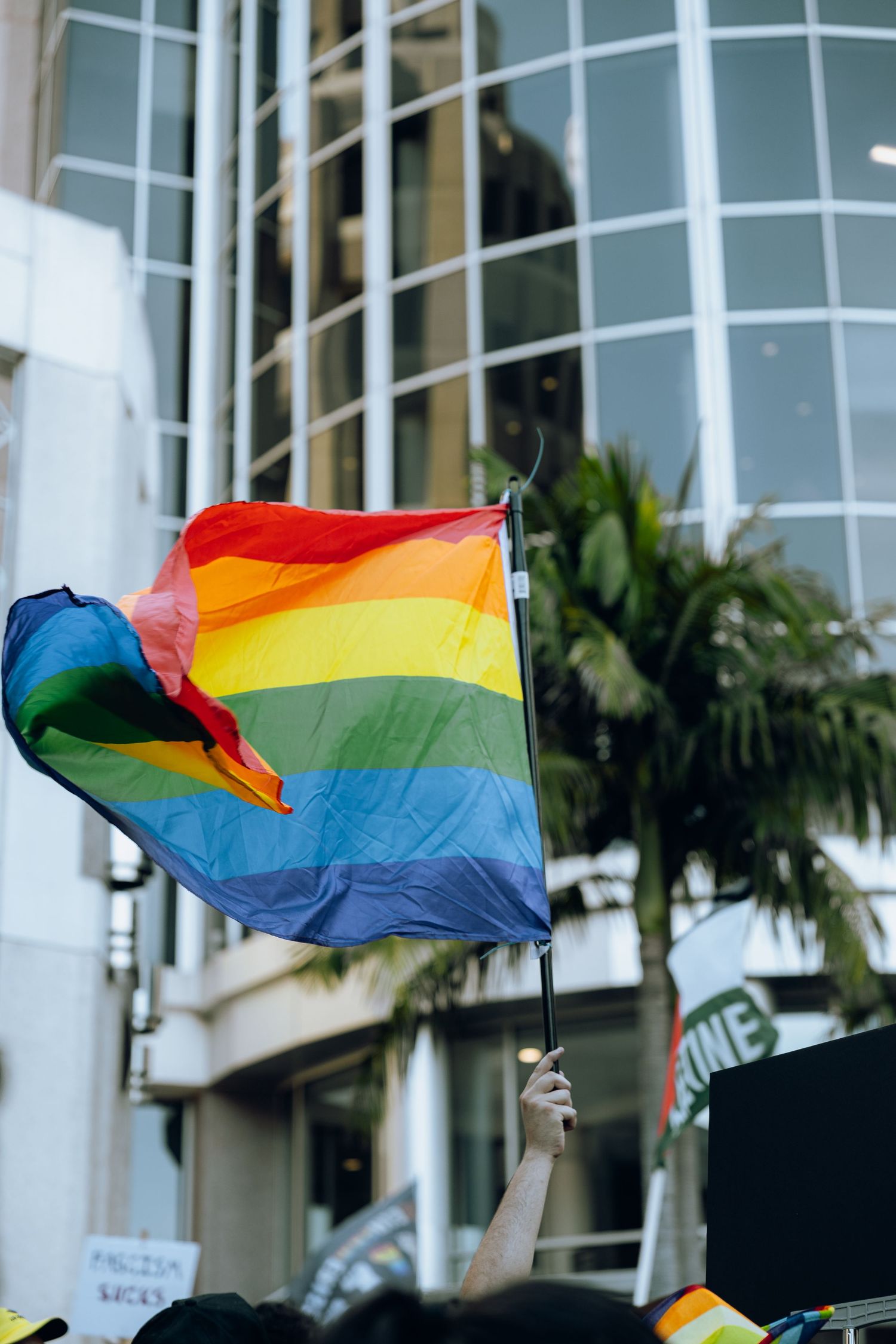 A rainbow pride flag waves in front of a modern glass building with palm trees.