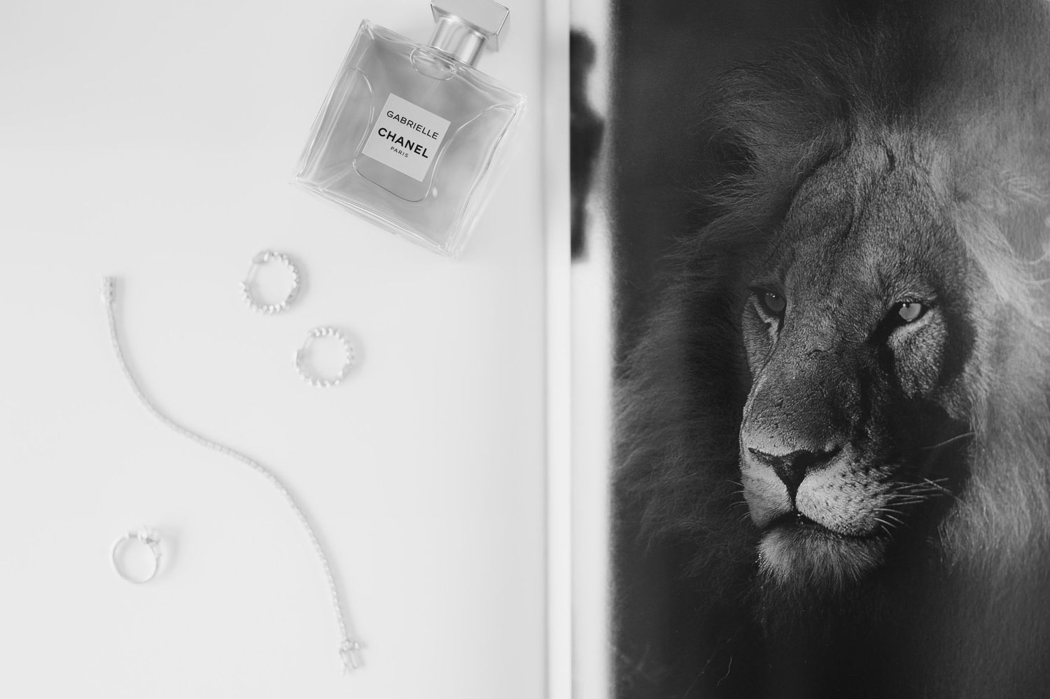 Black and white flat lay of Chanel perfume, diamond rings, and bracelet beside a lion portrait.
