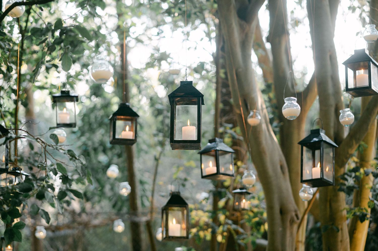 Black lanterns with candles and globe lights hanging from trees at an outdoor wedding reception.