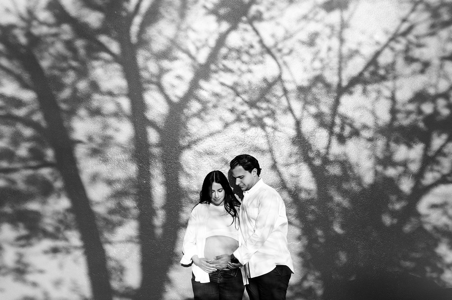Black and white maternity photo of couple standing together with dramatic tree shadows on wall behind them.