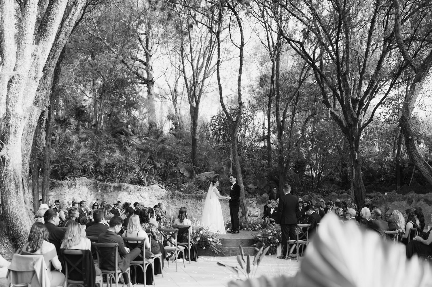 Black and white photo of intimate outdoor wedding ceremony with guests seated among tall trees.