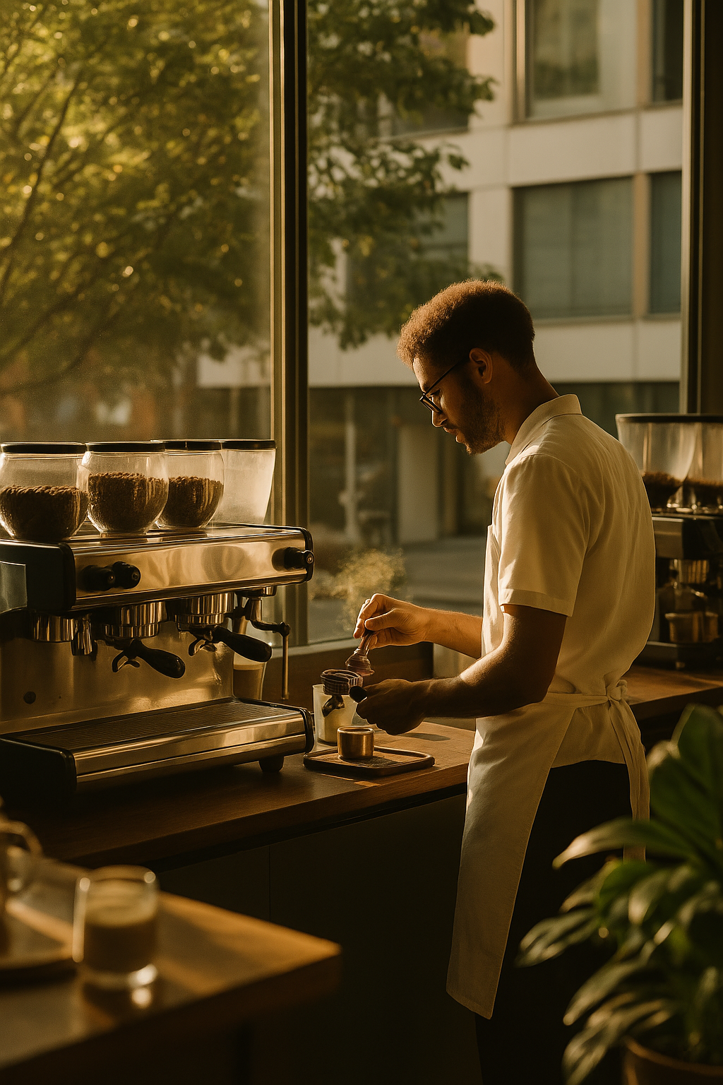 Barista in white apron preparing espresso at coffee machine in golden morning light.