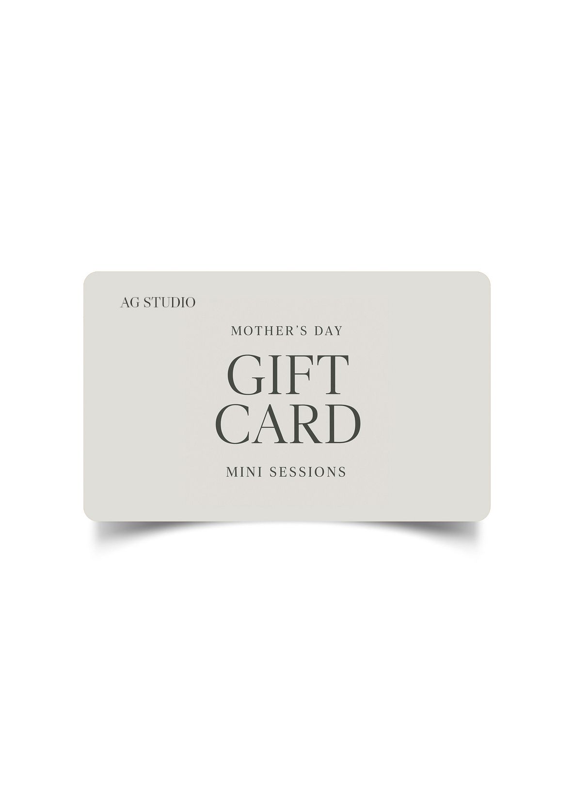AG Studio Mother's Day Gift Card for mini sessions on a light beige background.