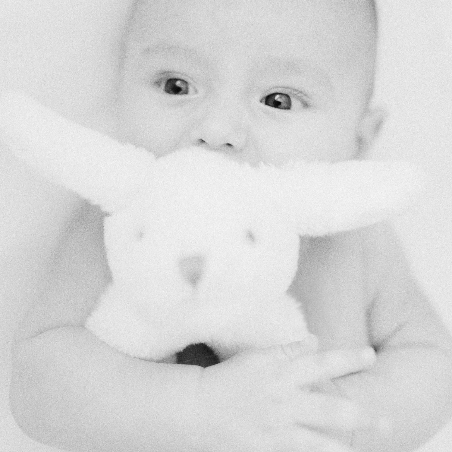 Black and white portrait of a baby hugging a soft white bunny stuffed animal.
