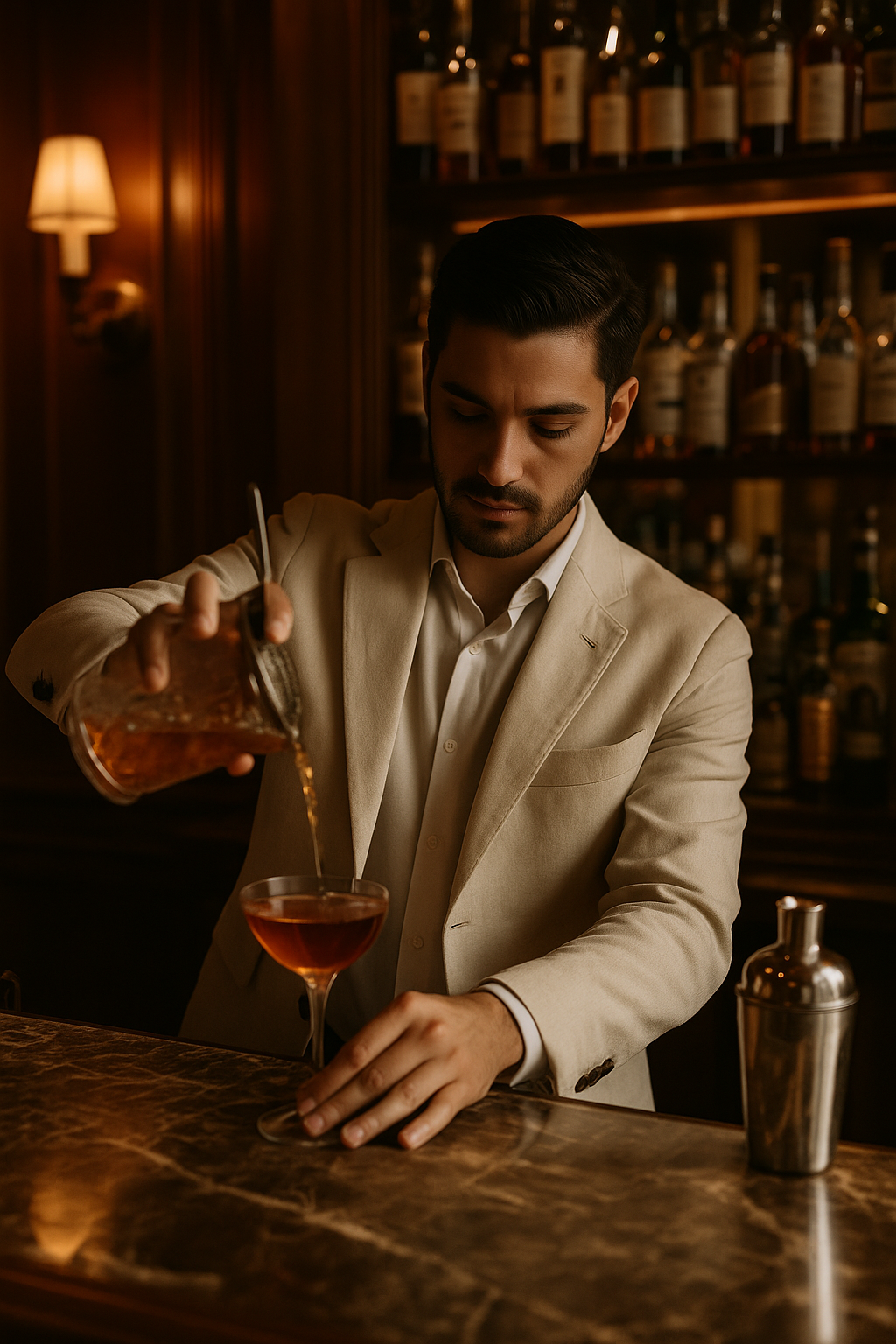 Elegant man in beige suit pouring cocktail into glass at upscale bar.