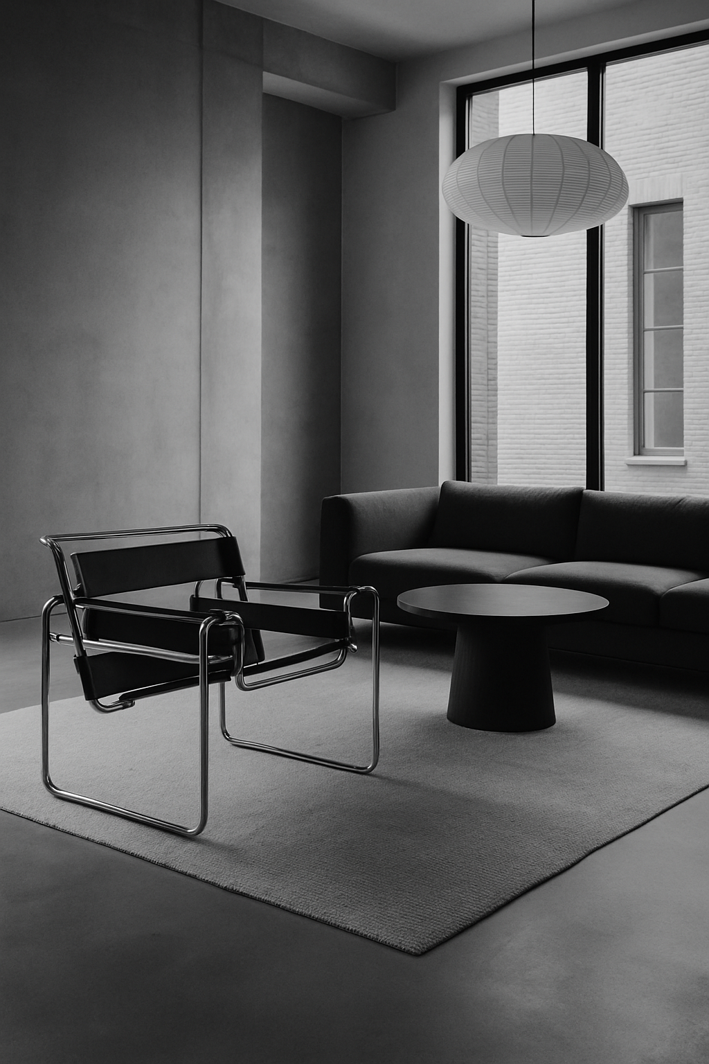 Modern minimalist living room with Wassily chair and pendant light in black and white tones.