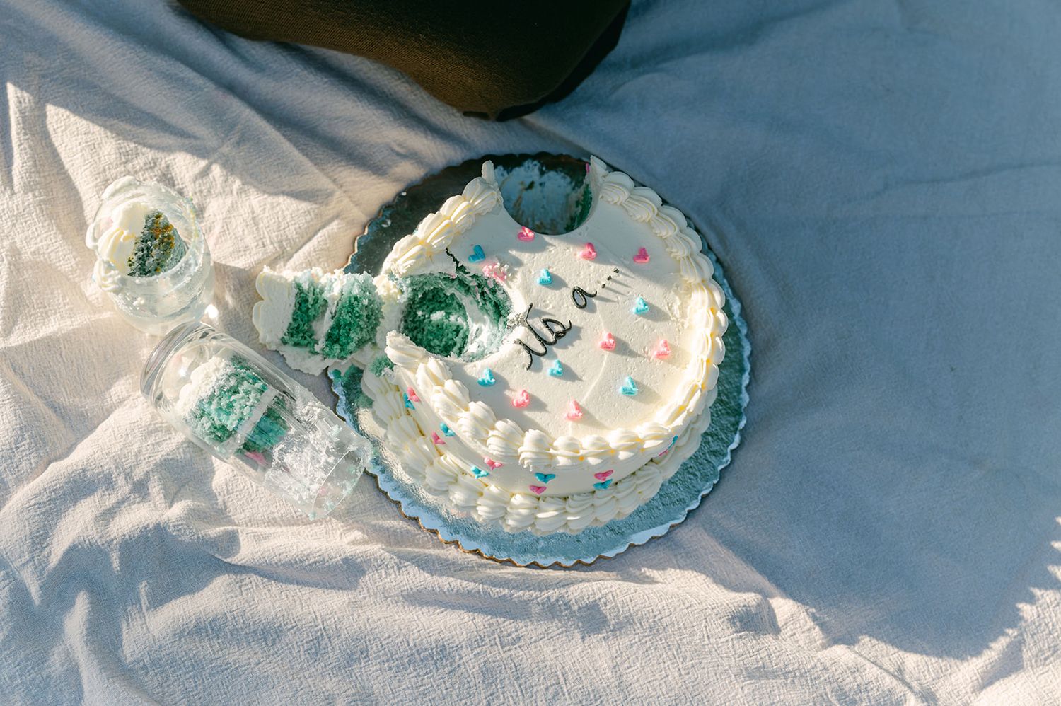 Cut gender reveal cake on silver board with teal frosting inside on white blanket outdoors.
