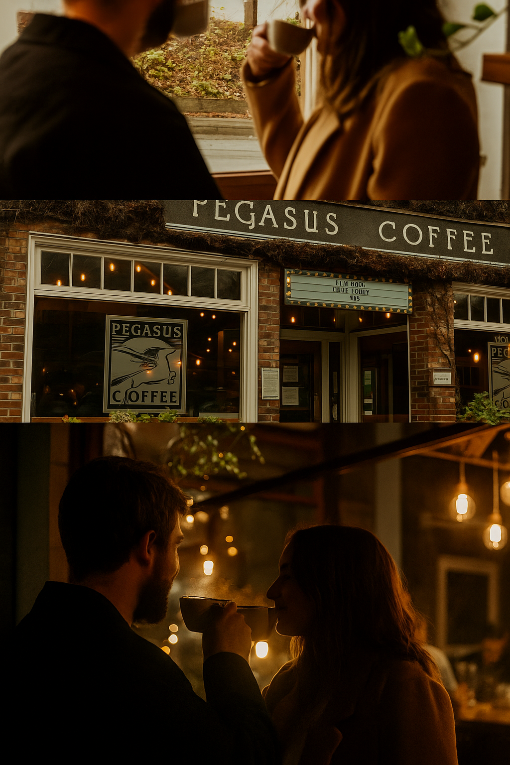 Couple sharing coffee outside Pegasus Coffee shop with warm ambient lighting.