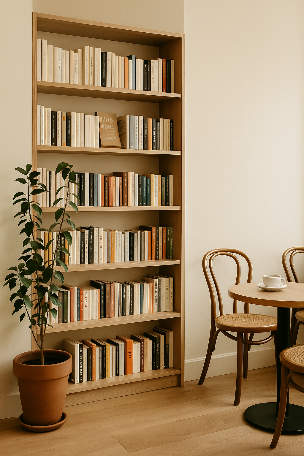 Minimalist cafe corner with built-in bookshelf, potted plant, and wooden bistro chairs.