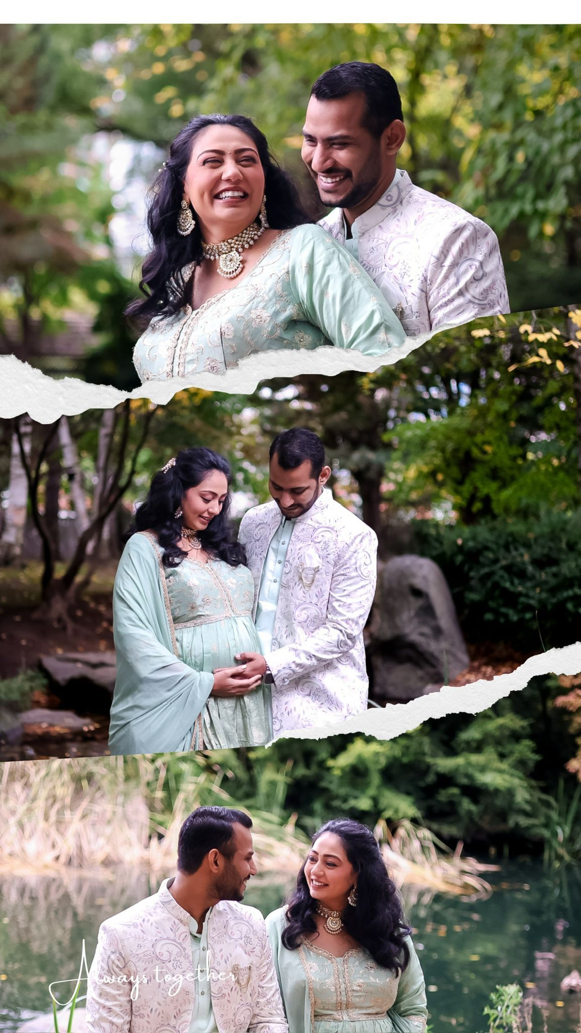 A collage of romantic moments captured in a natural park setting with torn paper effect.